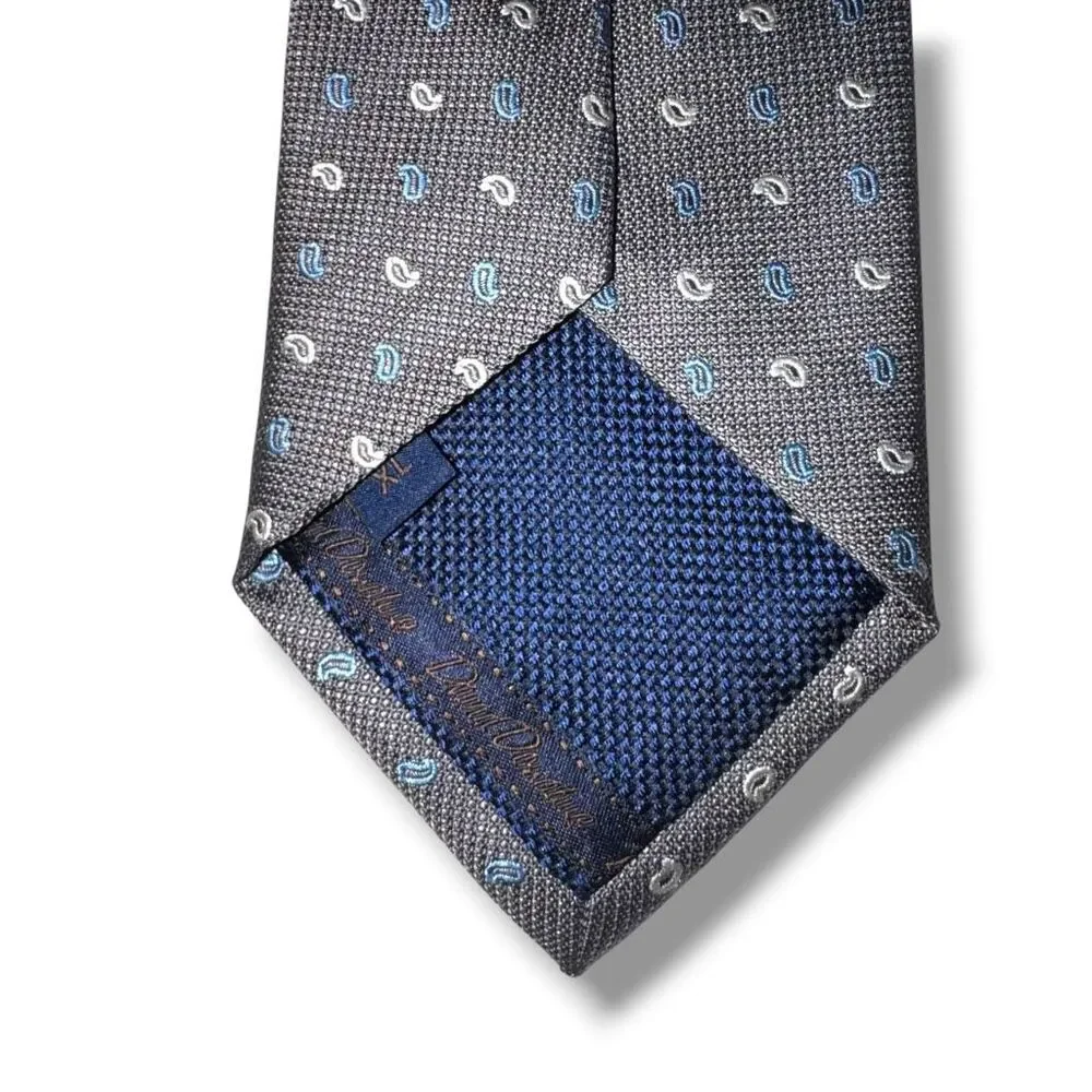 David Donahue 100% Silk Gray & Blue Micro Paisley Neck Tie Extra Long